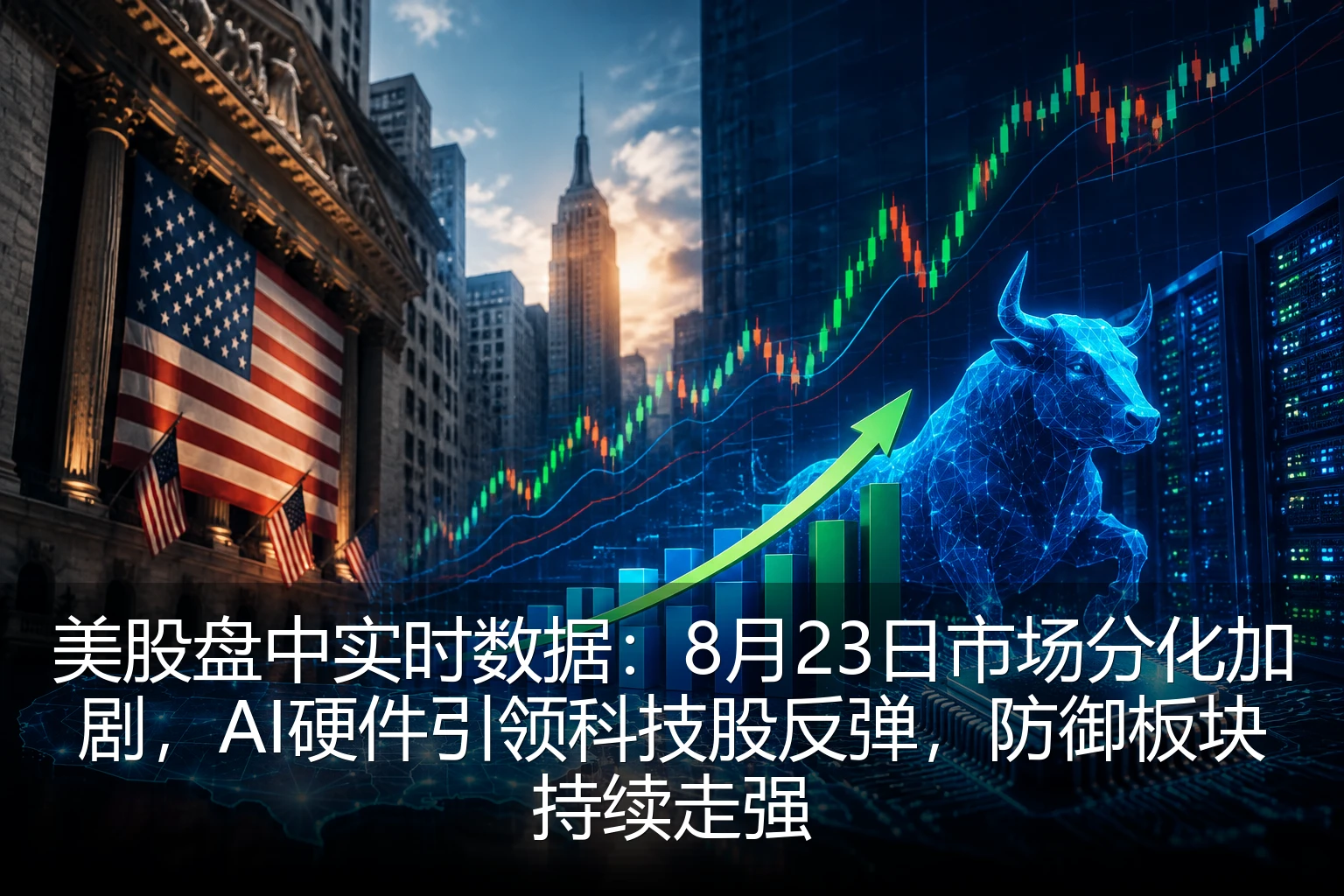 美股盘中实时数据：8月23日市场分化加剧，AI硬件引领科技股反弹，防御板块持续走强